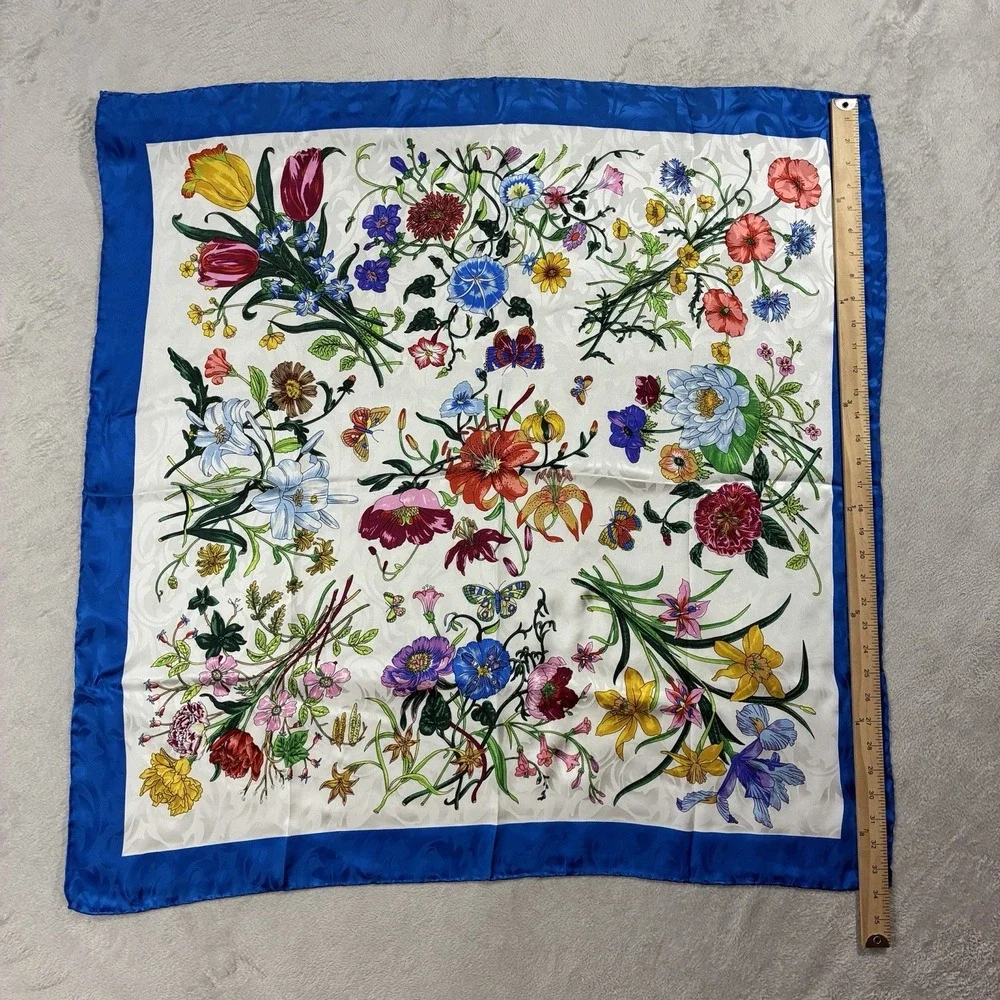 Floral Botanical 100% Silk Large Square Scarf Royal Blue Rolled Hem34